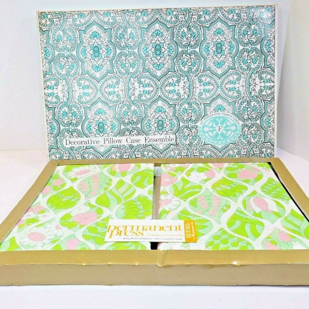 Vtg NOS Jay Franco Pink Green Kodel & Cotton 2 Pillowcase set Flowers Daisy Fern